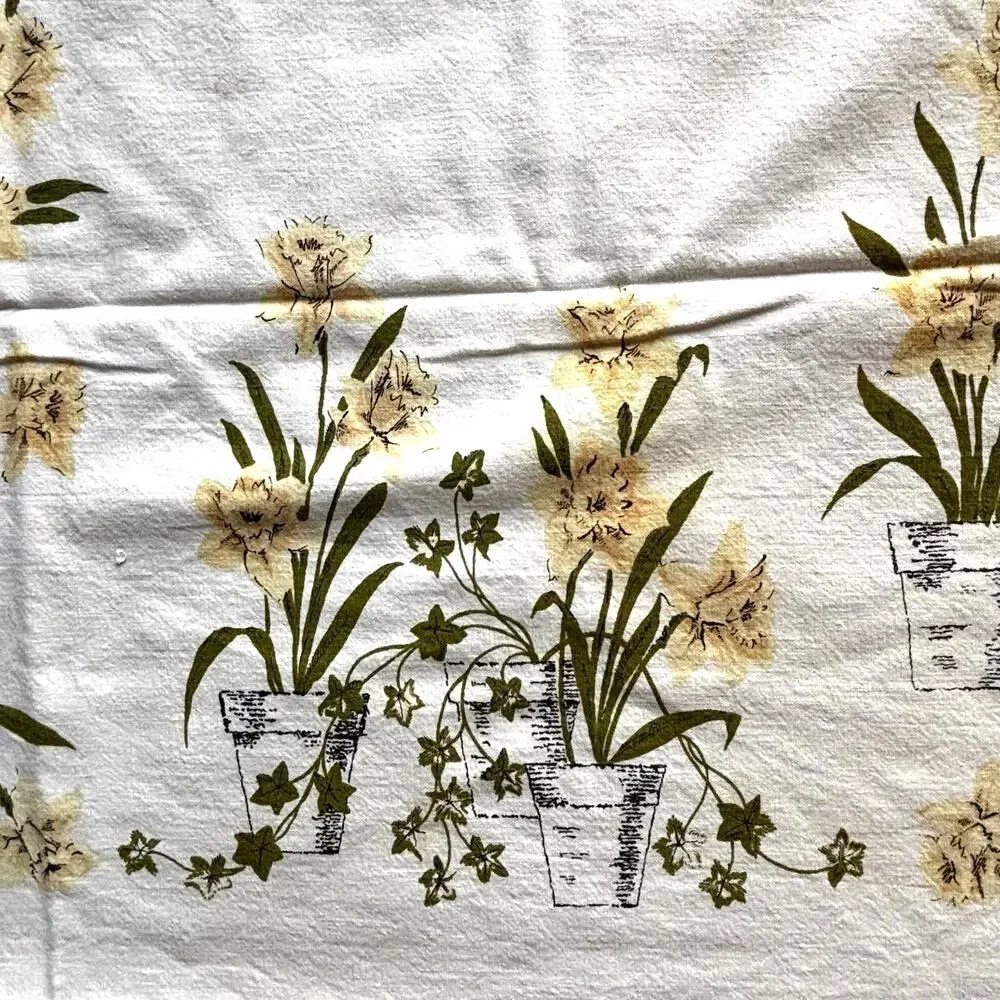 Vintage Mid Century Printed Cotton Tablecloth White Yellow Green Rectangle FLAWS